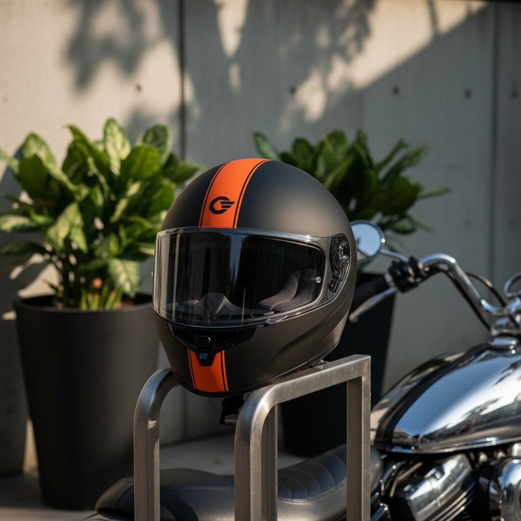 Unmarked motorcycle black motorcycle helmet with an orange stripe running down the center | Lab Stick: Denoting a helmet e...